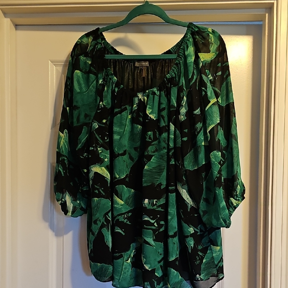 Vince Camuto Black and Green Leaf Print Blouse